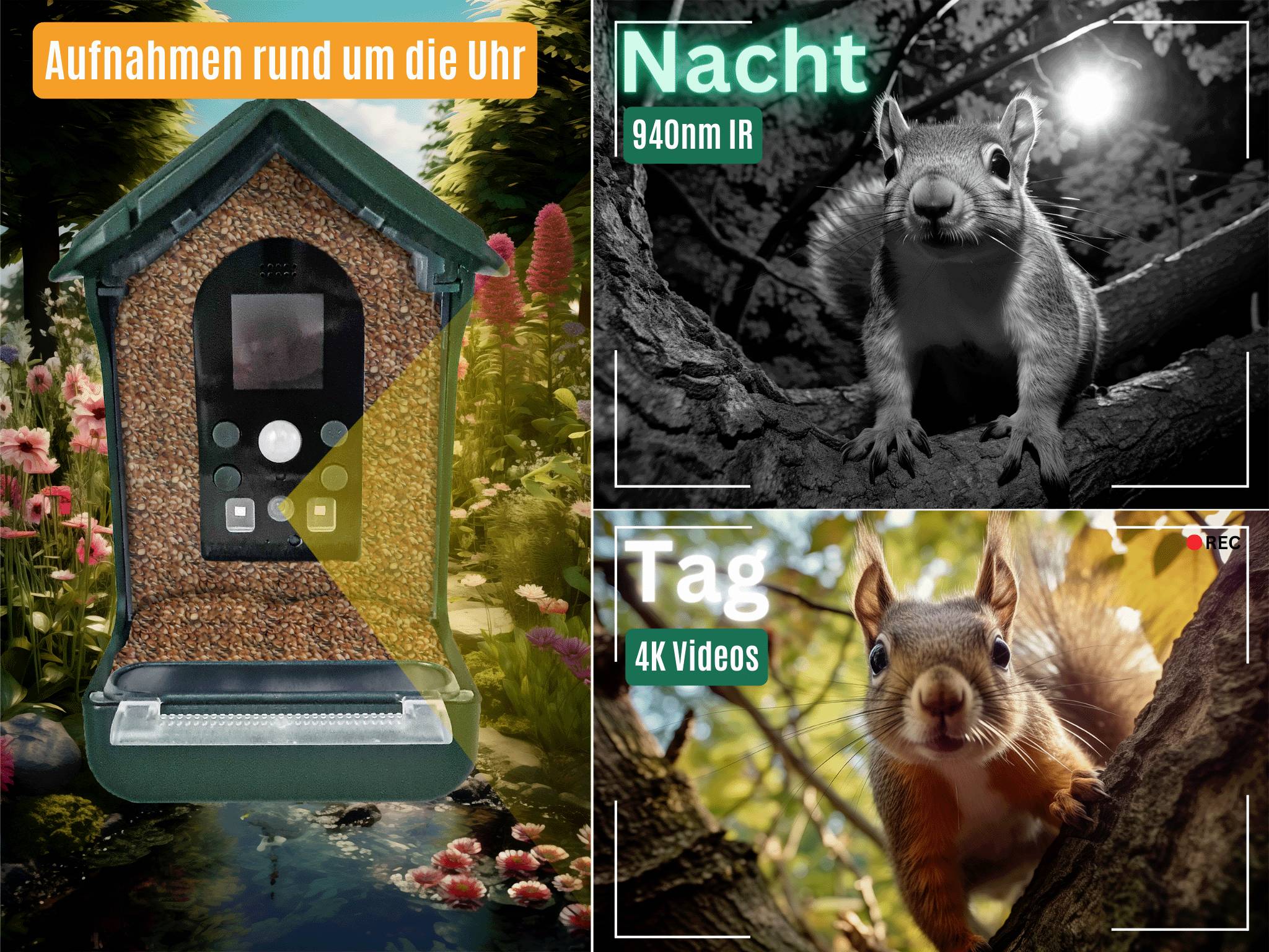 Lovecká kamera v lese, letící pták. Text nahoře: 'Vytvořte jedinečné přírodní snímky'. Funkce: 12 MP, noční vidění, 4K video, podpora SD karty.