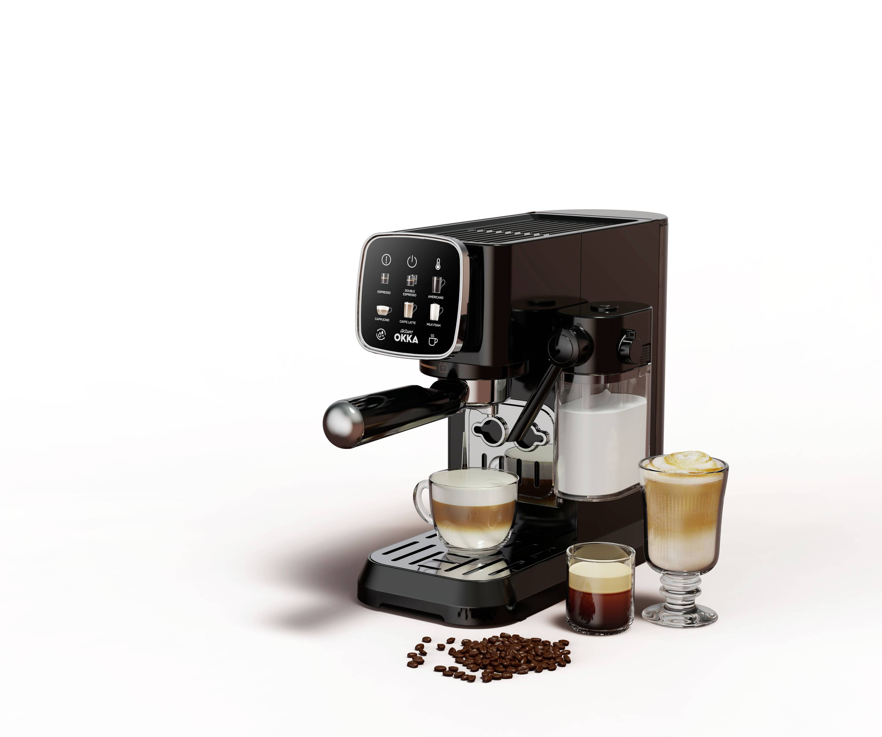 Espresso kávovar s šálkem na espresso a sklenicí na latte na odkapávací misce. Kávová zrna rozptýlená kolem základny přístroje.
