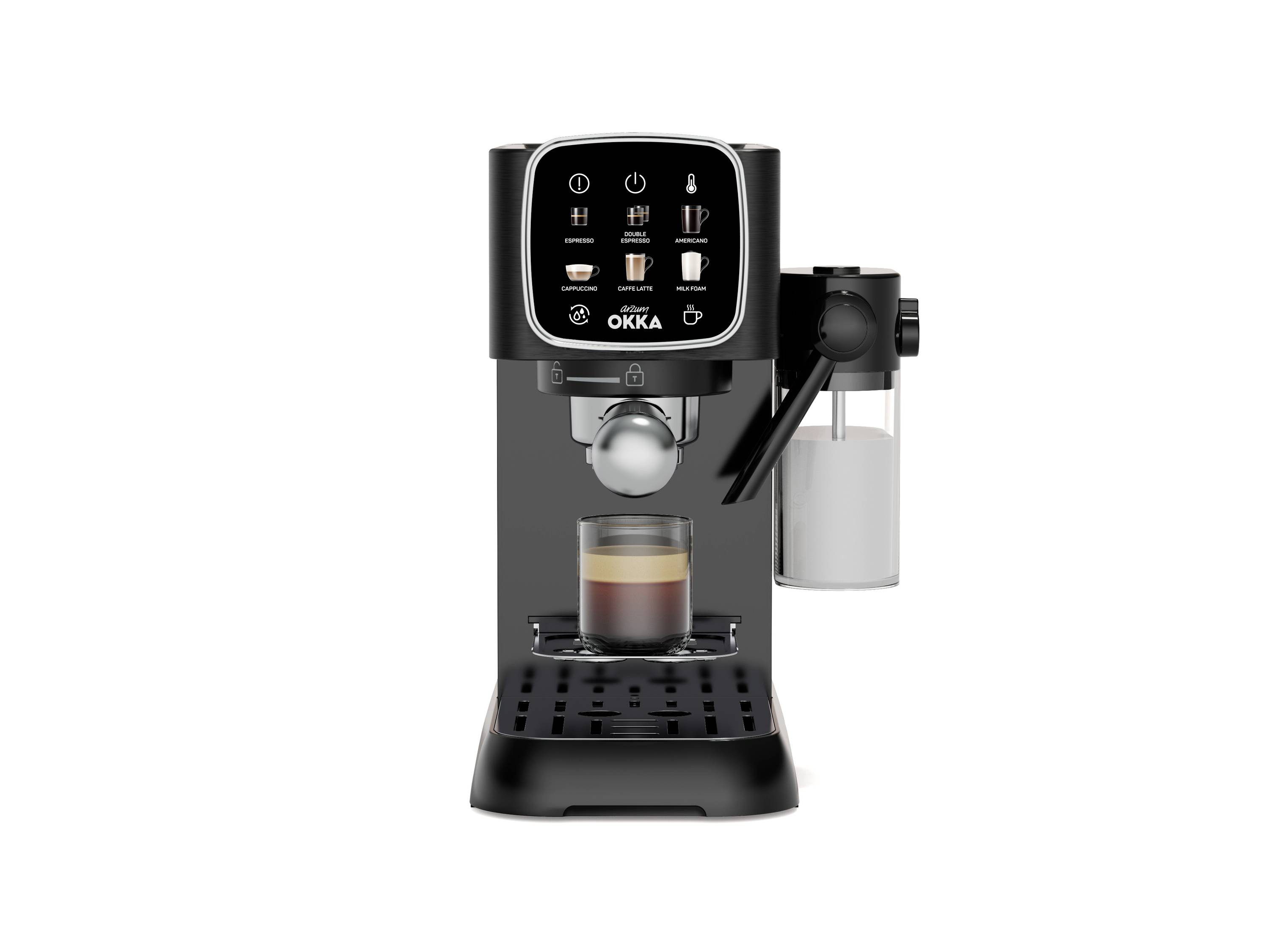 Espresso kávovar s napěňovačem mléka, který připravuje espresso do šálku. Ovládací panel s symboly pro různé druhy kávy.