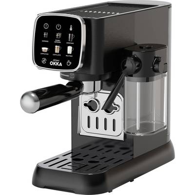 Kávovar s výdejníkem vody a parní tryskou; ovládací tlačítka pro espresso, cappuccino a latte macchiato na přední straně.