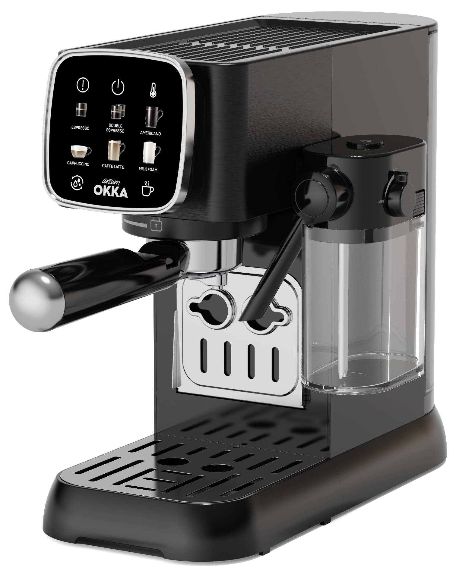 Černý espresso kávovar s napěňovačem mléka na pravé straně a ovládacími tlačítky na přední straně.