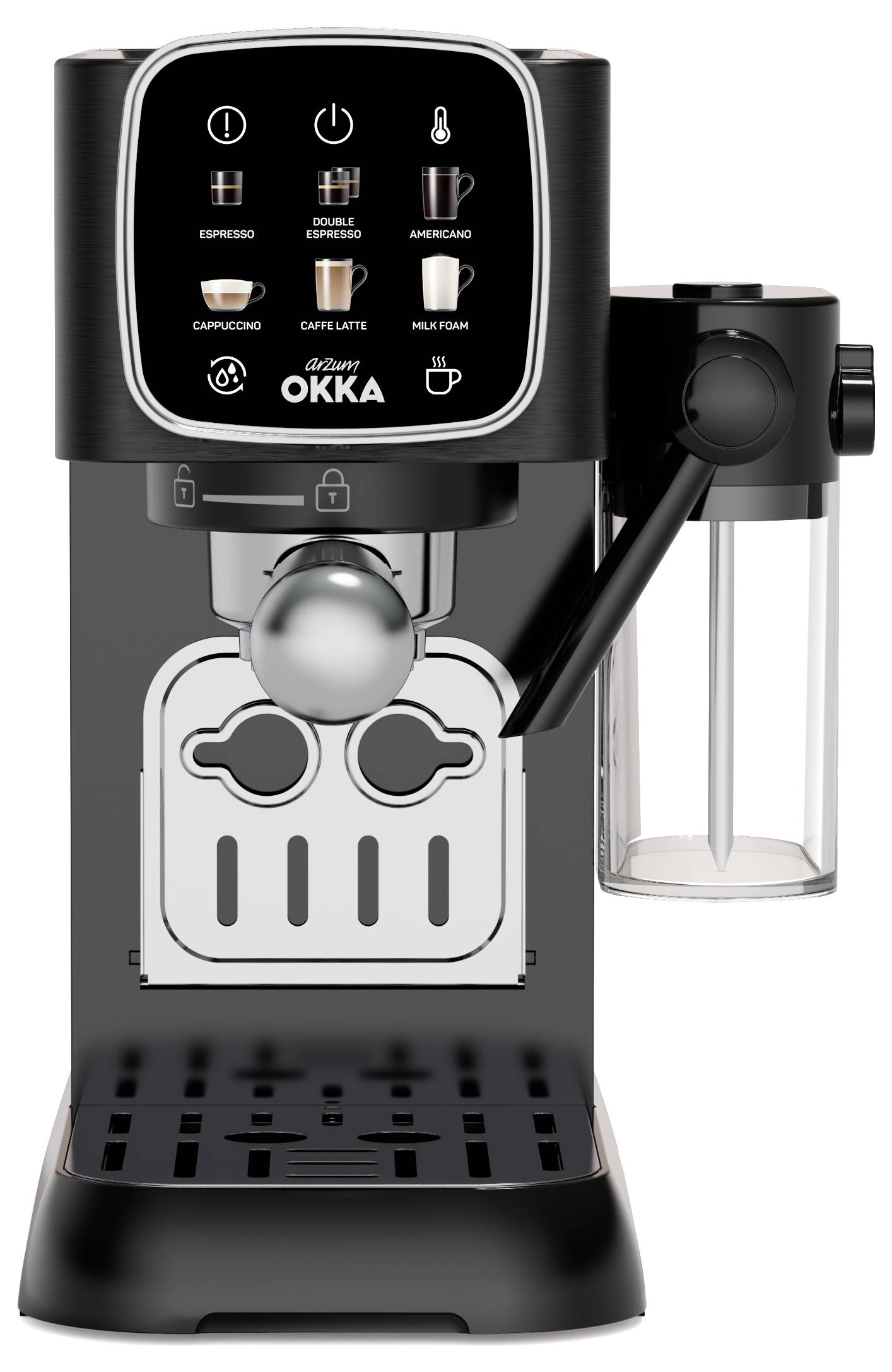 Kávovar s tlačítky pro výběr espressa, cappuccina, latte macchiata a mléčné pěny, s odděleným nádobou na mléko.