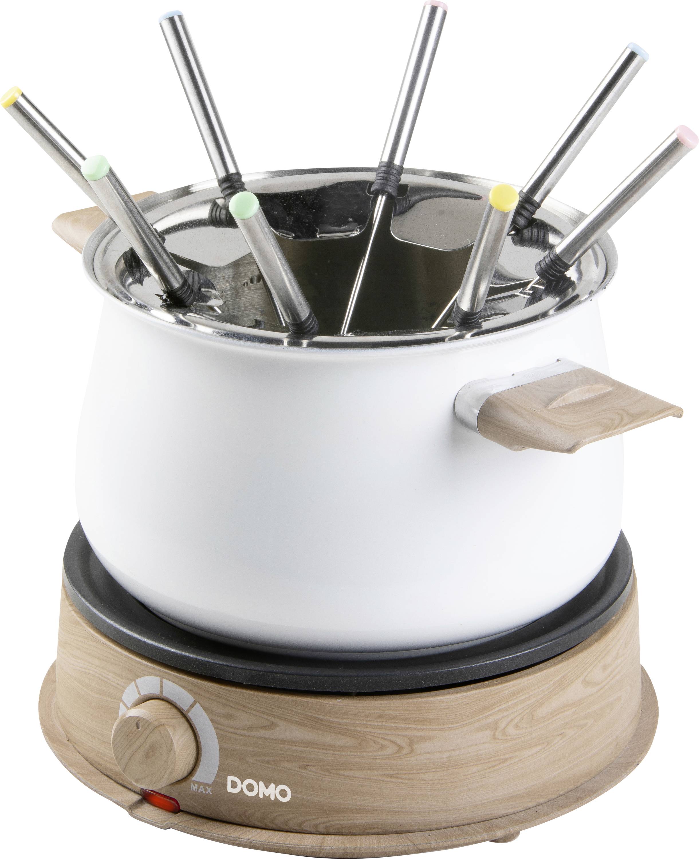 Elektrická souprava na fondue se dřevěnou základnou, bílým hrncem a šesti barevně označenými fondue vidličkami, vhodná pro společenské stolování.