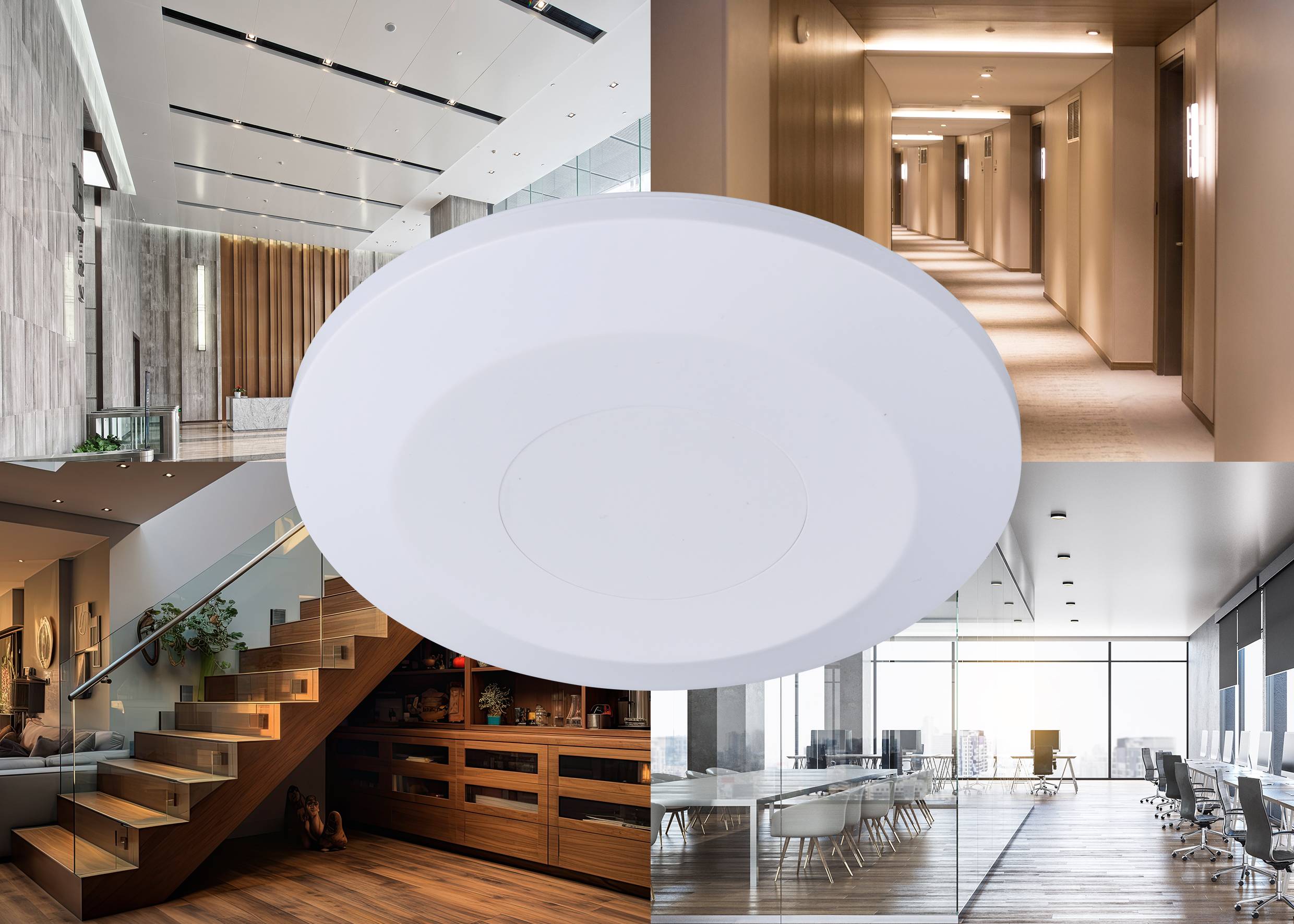 Bílé kulaté stropní svítidlo před pozadím moderních interiérů, včetně kanceláří a chodeb, které vytvářejí elegantní atmosféru.