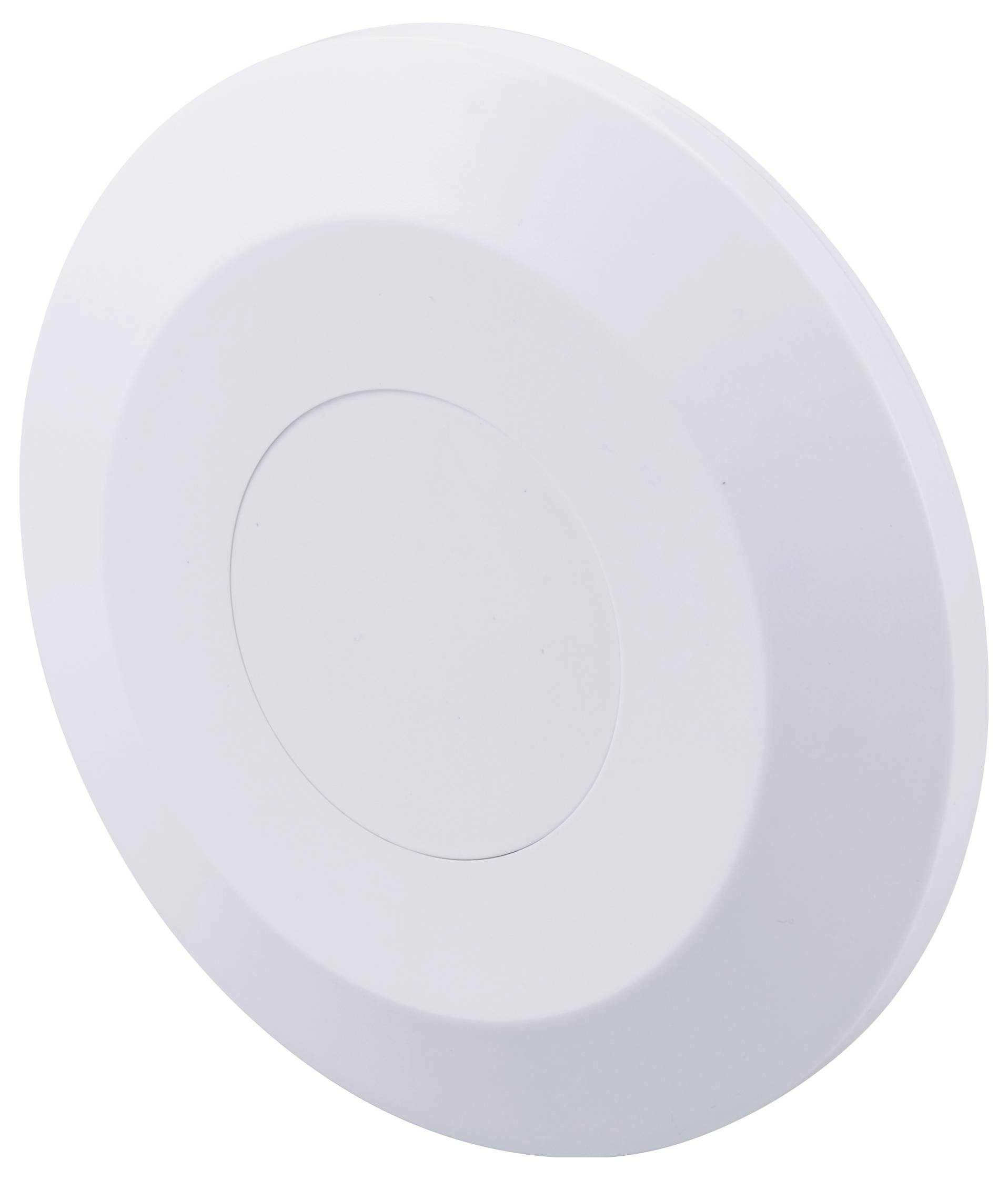 Kulaté, bílé, ploché zařízení, pravděpodobně detektor kouře nebo přístupový bod WiFi, před neutrálním pozadím.