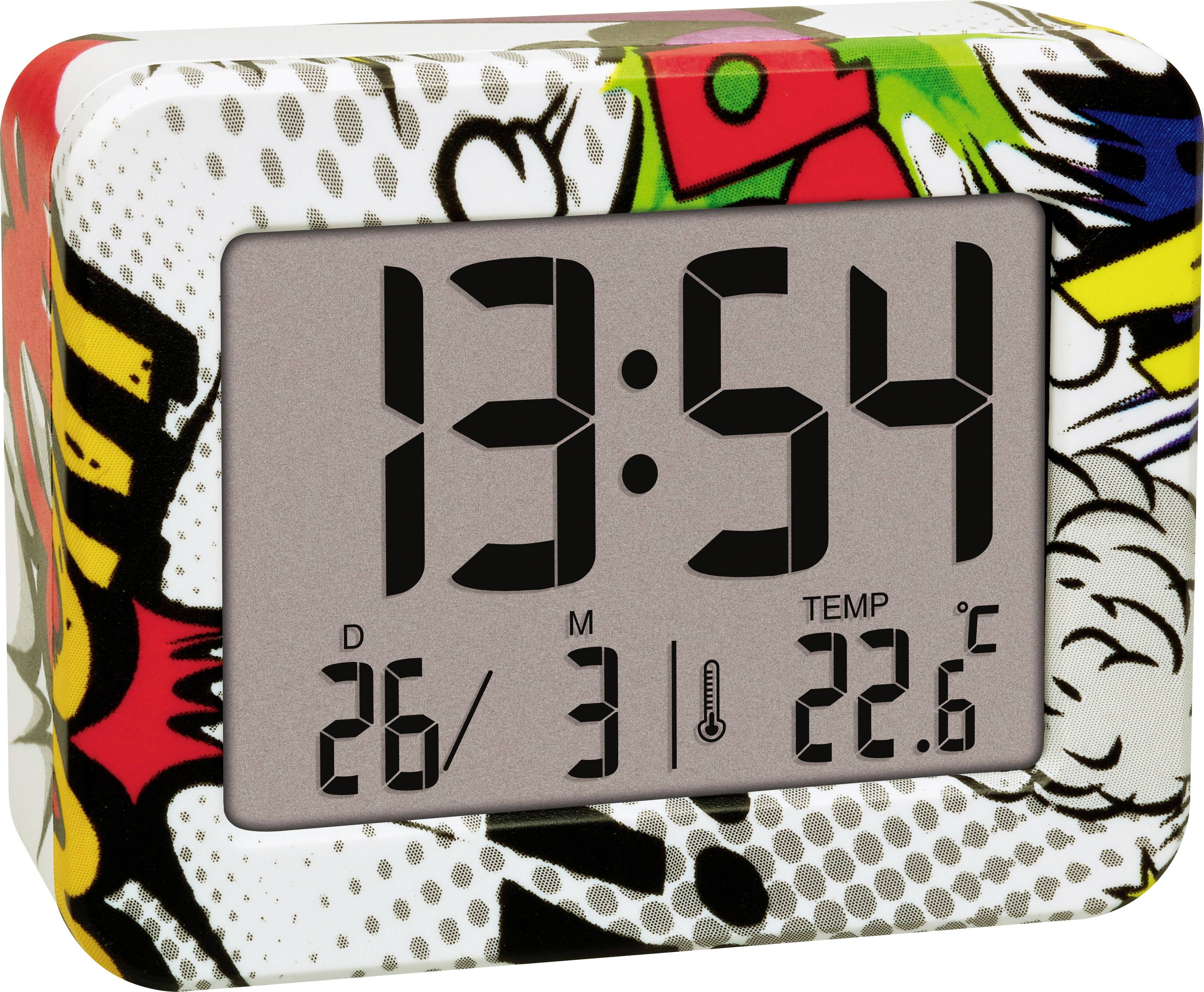 Digitální hodiny v uměleckém designu ukazují 13:54, datum 26/3 a teplotu 22,6°C.