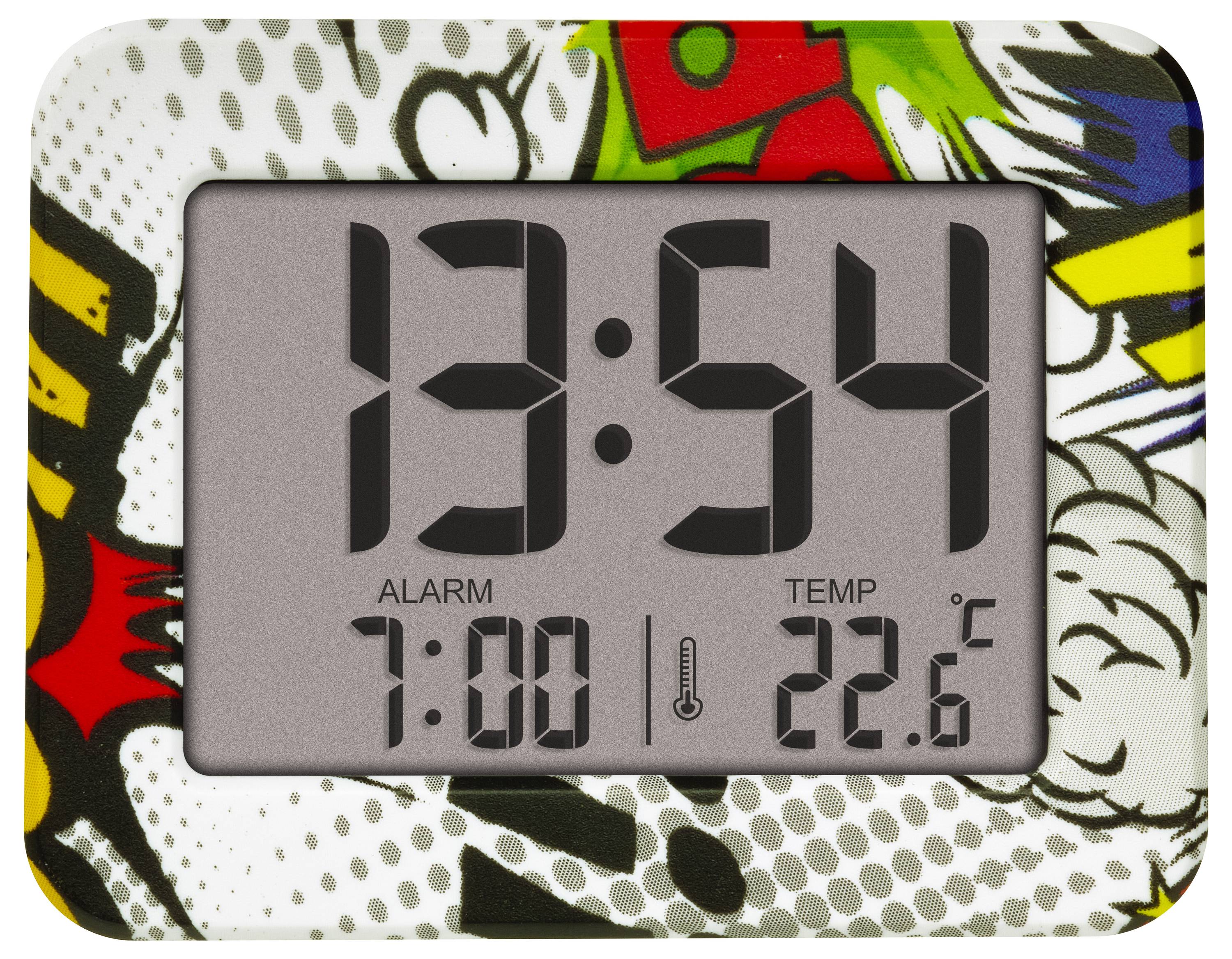 Digitální budík s pop-artovým vzorem, ukazuje 13:54, čas buzení 7:00 a teplotu 22,6 °C.