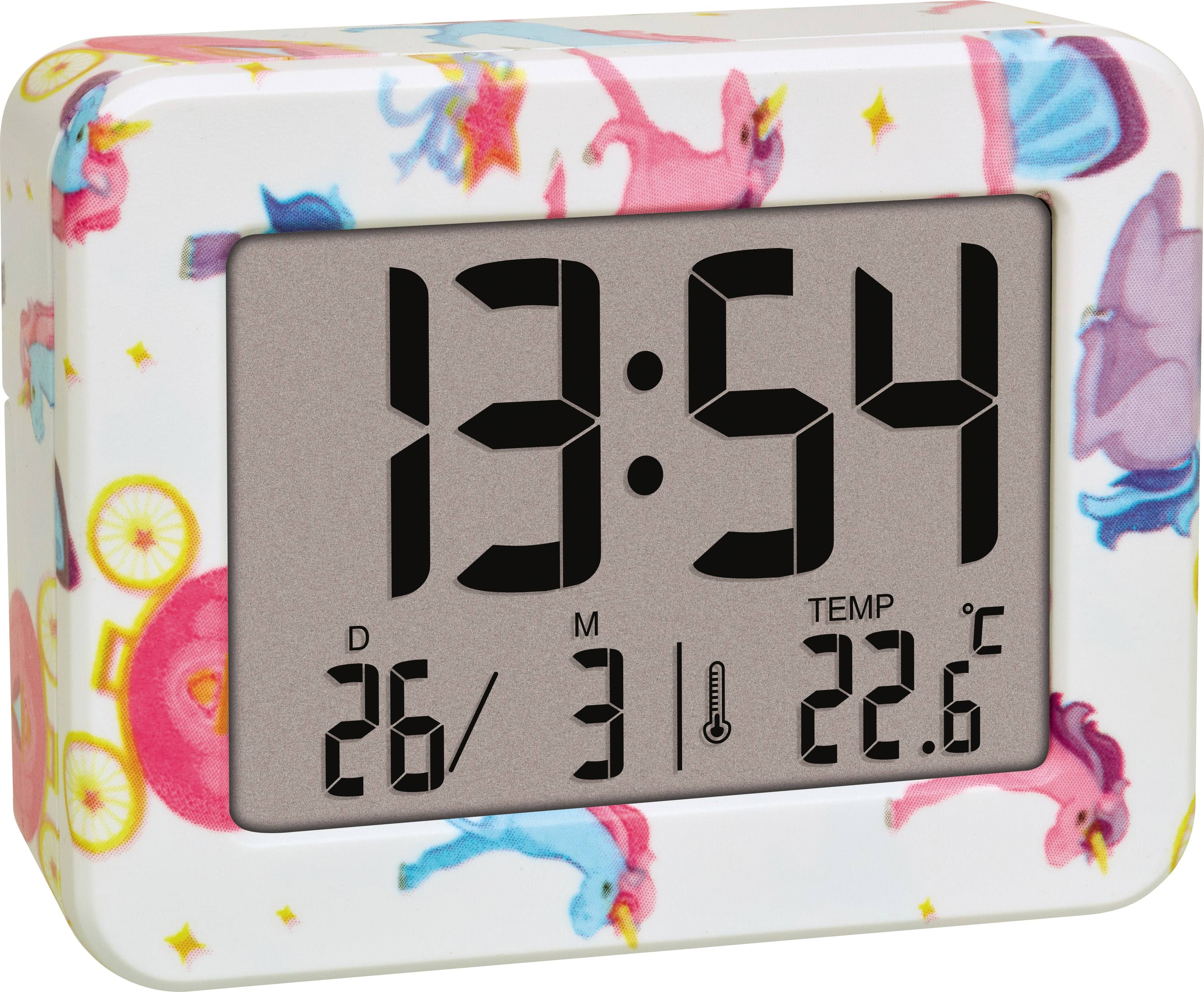 Digitální budík s motivem jednorožce, ukazuje 13:54, datum 26. březen a teplotu 22,6°C.
