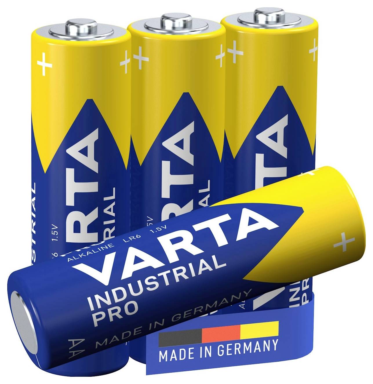 Čtyři baterie VARTA s nápisem 'Industrial Pro'. Baterie jsou modro-žluté a označené nápisem 'Made in Germany'.