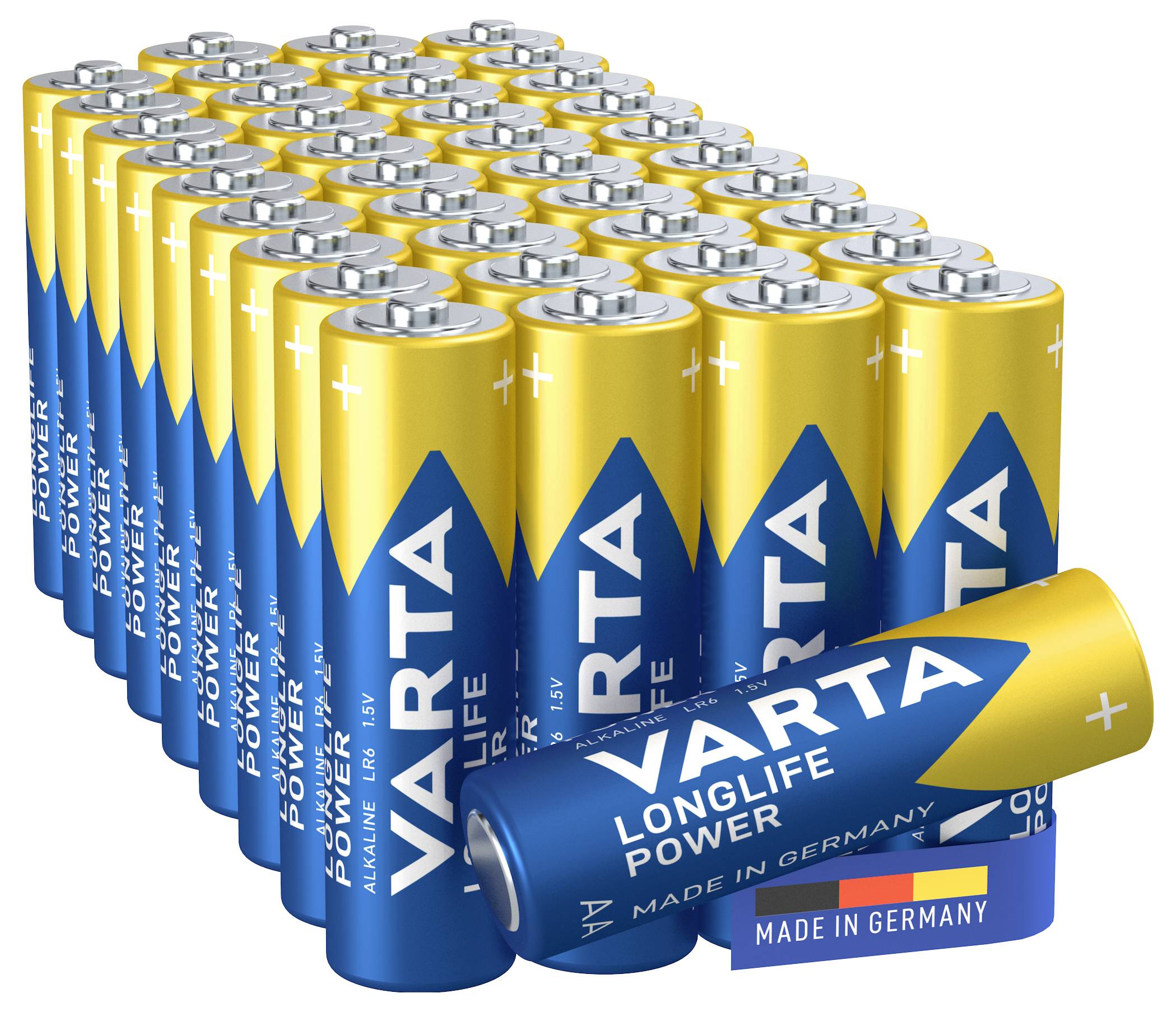 Baterie 'Varta', 40 kusů, velikost AA, v čtvercovém uspořádání. Nápis 'Longlife Power' a 'Made in Germany' dobře viditelný.