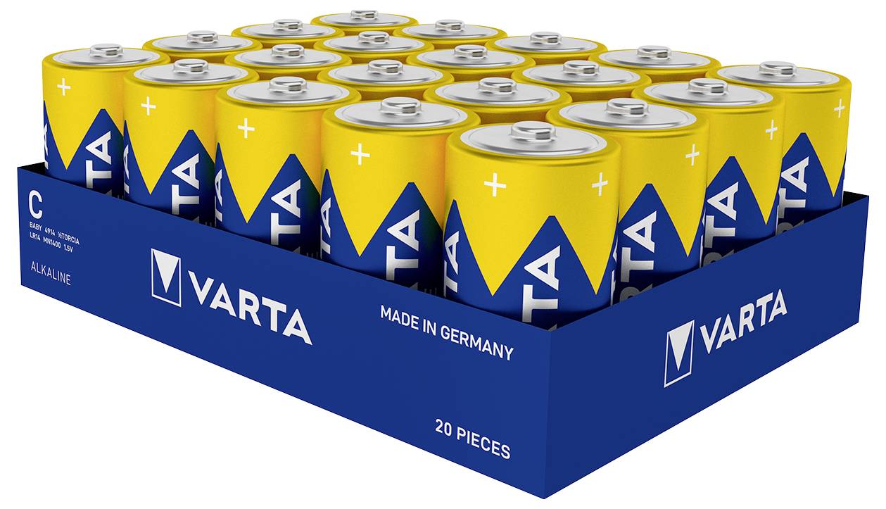 Modrá krabice s dvaceti žlutými bateriemi značky Varta, s nápisem 'MADE IN GERMANY', uspořádaná do pěti řad.