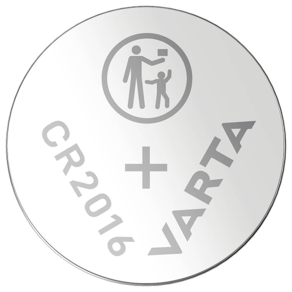 Baterie ve stříbrné barvě s gravírováním 'CR2016 Varta' a symbolem zobrazujícím dospělého, který podává dítěti malý předmět.