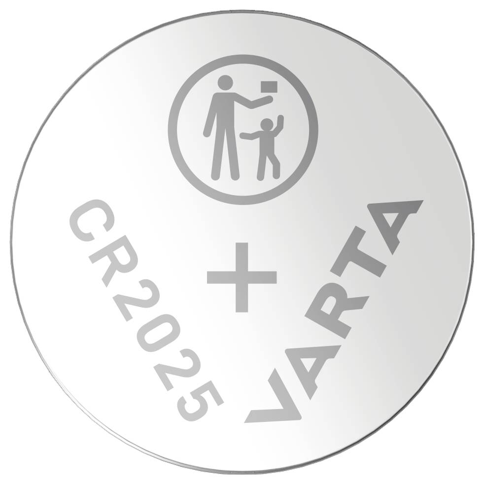 Knoflíková baterie s nápisem 'CR2025 VARTA' a symbolem zobrazujícím dospělého a dítě.