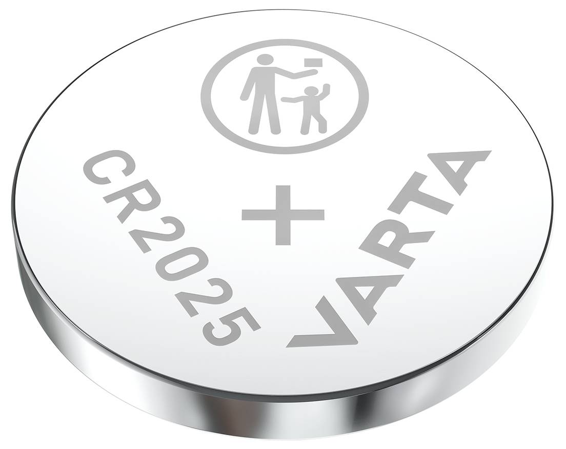 Stříbrná knoflíková baterie s nápisem 'CR2025' a 'VARTA', symbol upozorňuje, aby byly malé části uchovávány mimo dosah dětí.