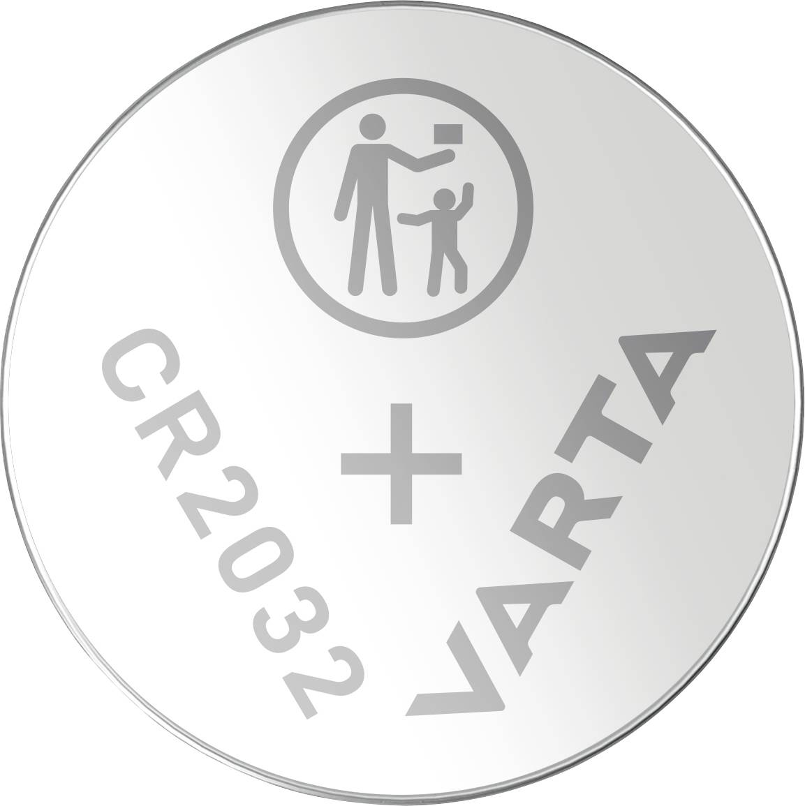 Stříbrná knoflíková baterie značky 'CR2032 VARTA' s vyobrazením symbolu zakazujícího manipulaci dětmi.