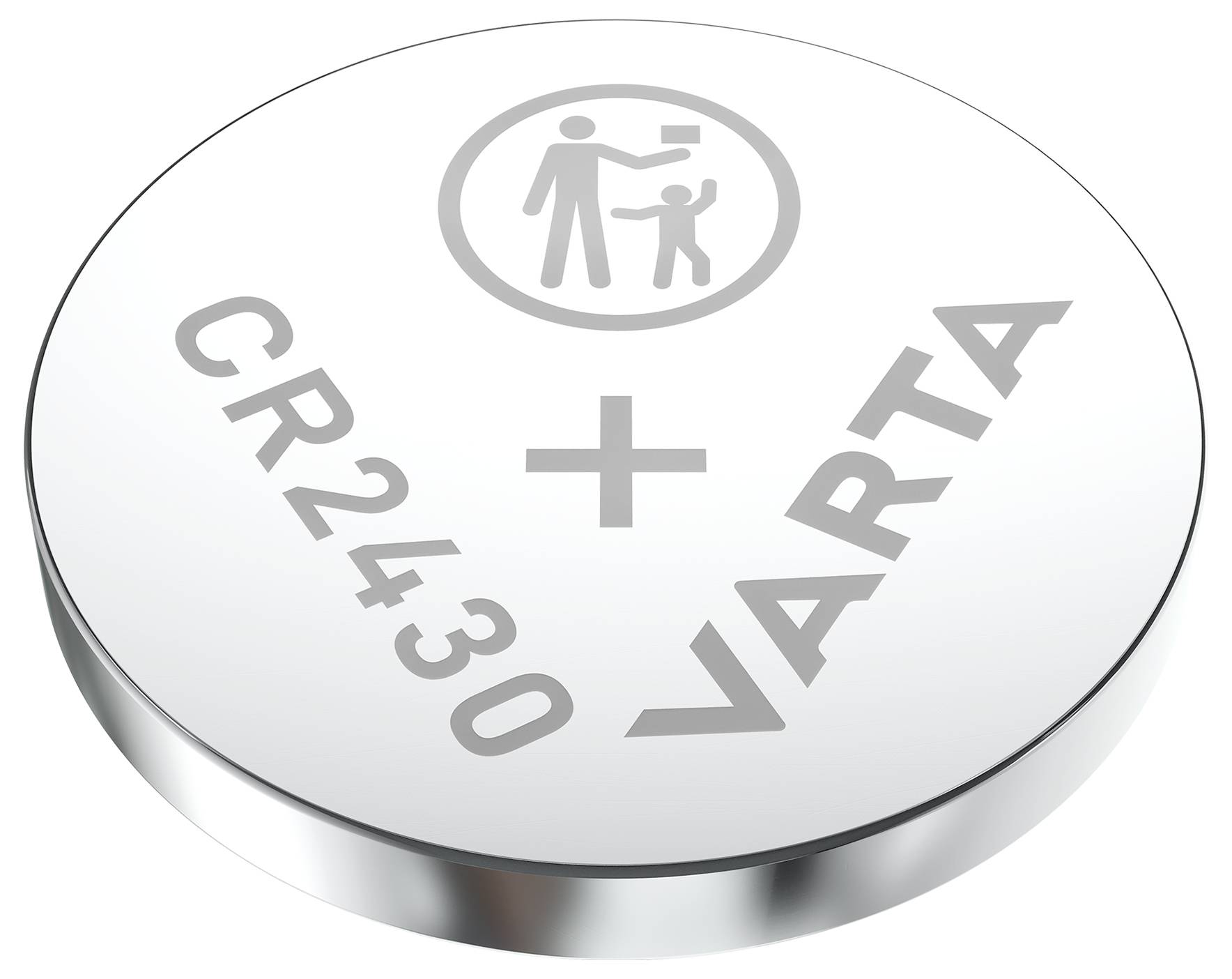Kulatá knoflíková baterie s nápisem 'CR2430 VARTA' a kladným znaménkem. Symbol znázorňuje škrtnutou ruku a dítě.