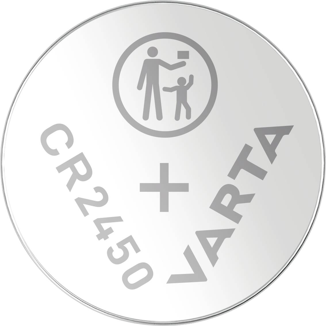 Stříbrová knoflíková baterie značky Varta s označením CR2450. Nahoře symbol varující, že baterie by měla být uchována mimo dosah dětí.