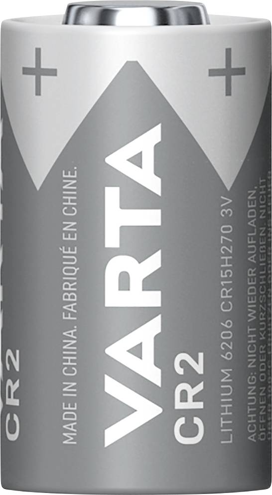 Stříbrná baterie VARTA CR2 s nápisem 'Lithium 6206 CR15H270 3V'. Upozornění: Nedobíjet.