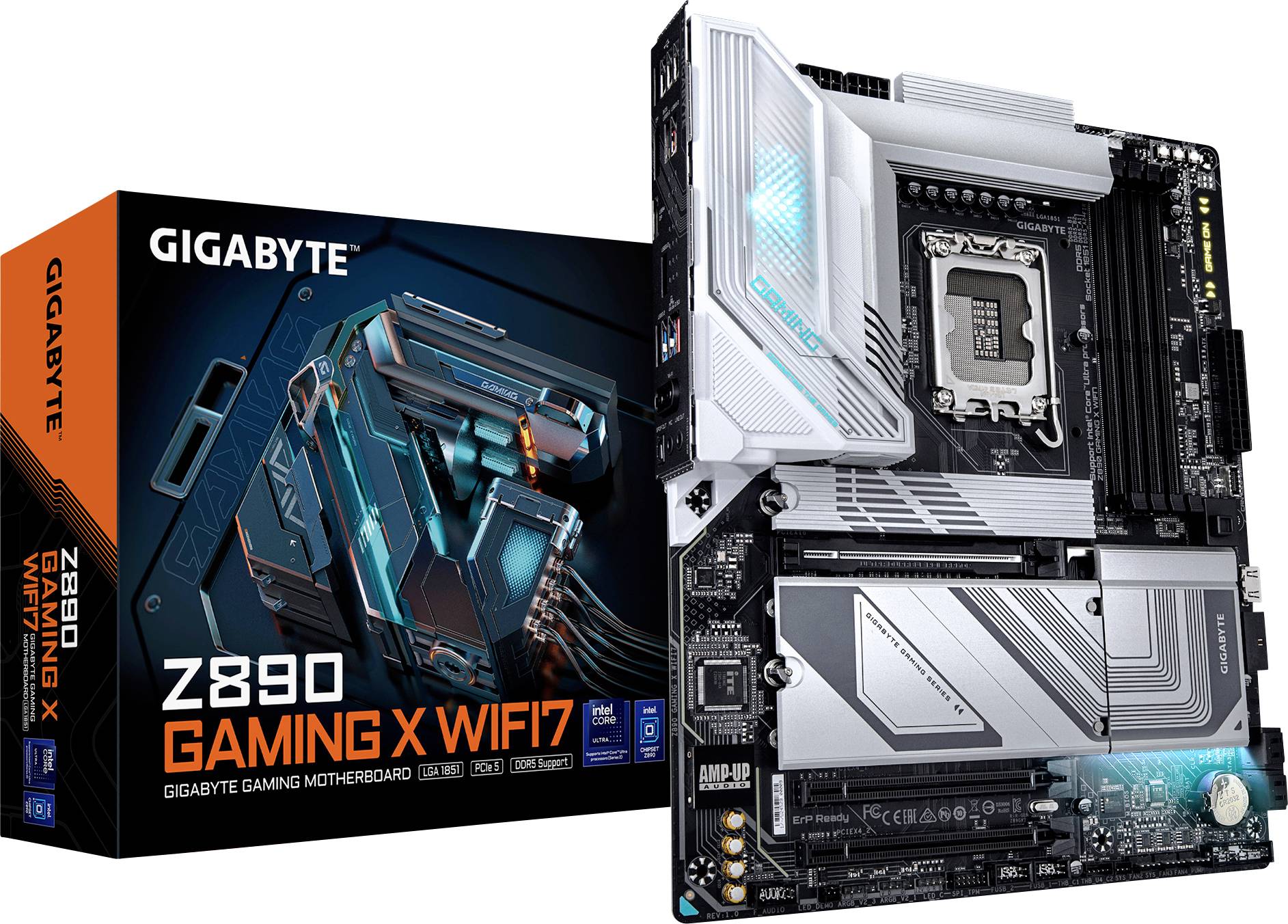 Základní deska Gigabyte Z690 Gaming X WIFI7 vedle obalu, ukazující konektory a chladicí systém. Vhodná pro herní počítače, podporuje WiFi 7.