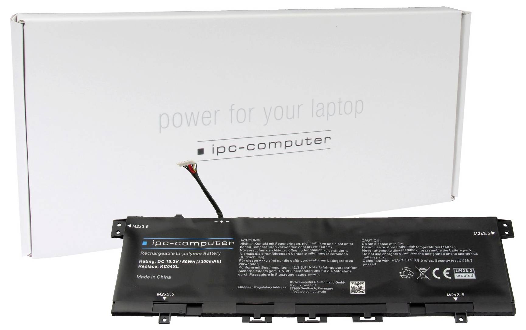 Notový laptop ipc-computer s baterií s kapacitou 38 Wh a napětím 7,6 V, vedle toho balení s nápisem "power for your laptop".
