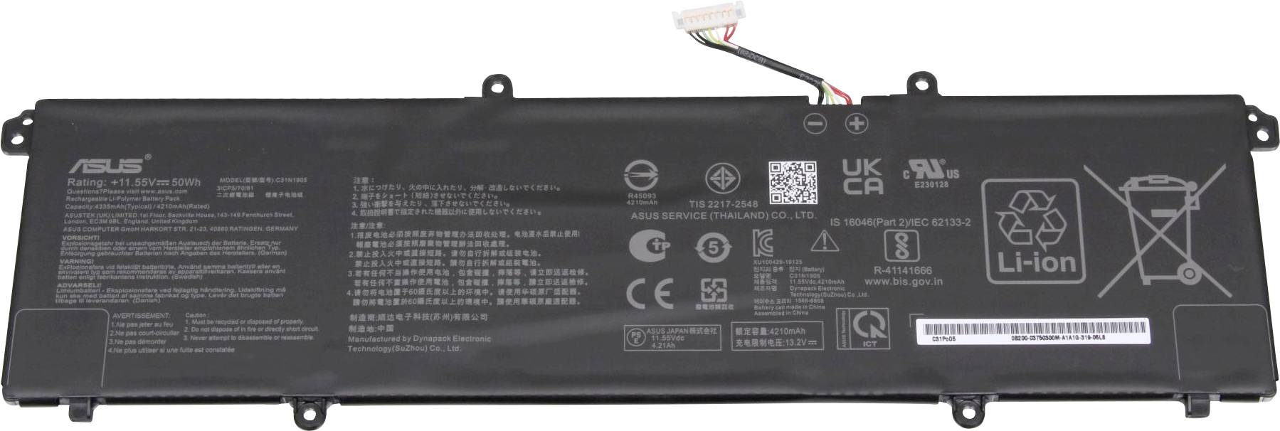 Černý lithium-iontový akumulátor s bezpečnostními symboly a informacemi o výrobci, vhodný pro model notebooku ASUS.