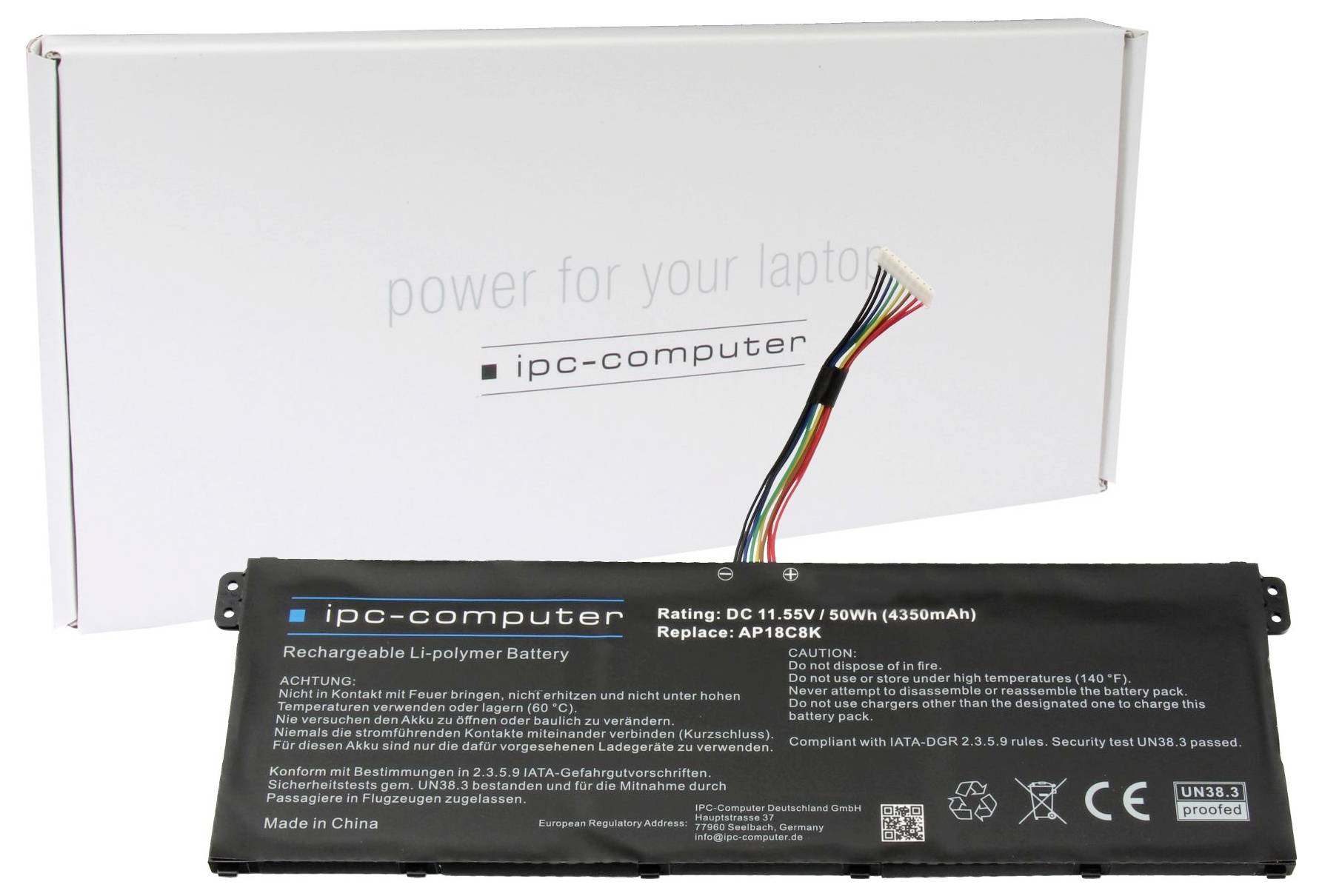 Baterie do notebooku od 'ipc-computer' s napětím 11,55 V, 50 Wh. Obsahuje připojovací kabel. Balení v pozadí s heslem 'energie pro váš notebook'.