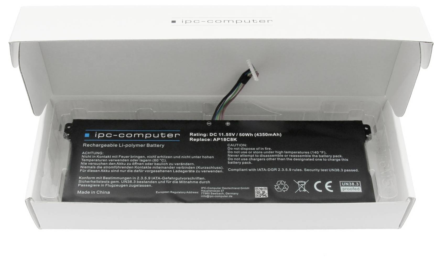 Dobíjecí lithium-polymerová baterie od ipo-computer, model PT45CKK, 52Wh, 4580mAh, v otevřeném bílém obalu.