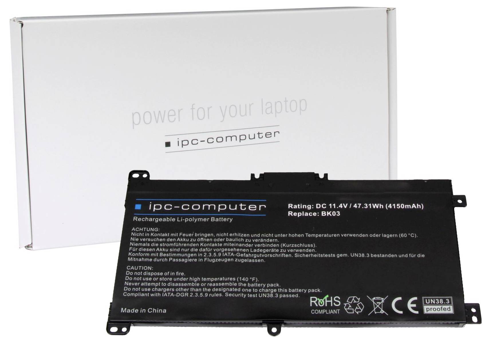 Černý notebook baterie od "ipc-computer" před bílým obalem s nápisem 'power for your laptop'.