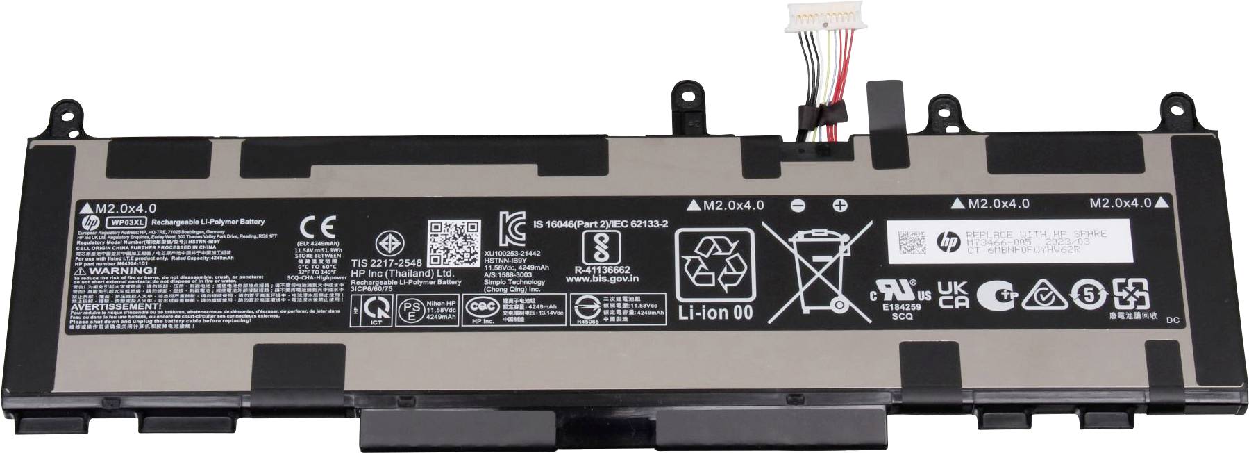Notebook baterie s štítky, konektory a technickými symboly; vhodná pro určité modely HP.