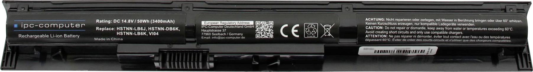 Laptop baterie s logem výrobce, číslem modelu a elektrickými specifikacemi; obsahuje bezpečnostní pokyny a symboly recyklace a CE.