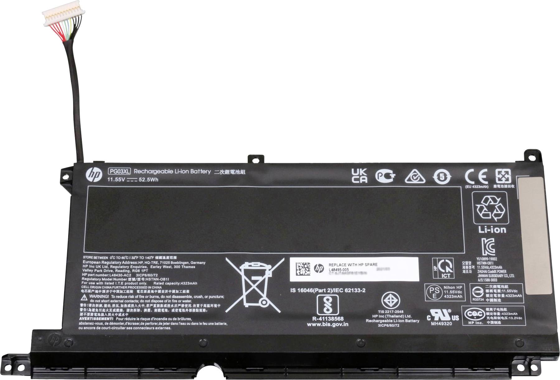 Dobíjecí lithium-iontová baterie s několika certifikačními logy a technickými údaji, vhodná pro notebooky.