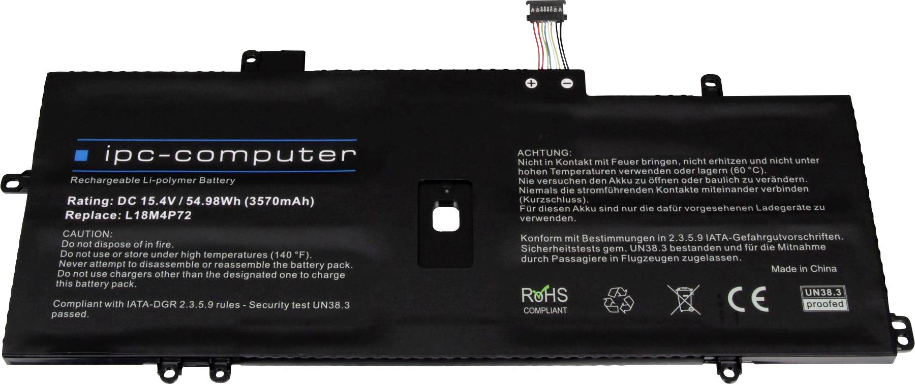 Černý lithium-polymerový akumulátor obdélníkového tvaru od společnosti 'ipc-computer'. Štítek zobrazuje specifikace: 15,4V, 54,98Wh (3570mAh).