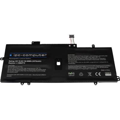 Černý lithium-polymerový akumulátor obdélníkového tvaru od společnosti 'ipc-computer'. Štítek zobrazuje specifikace: 15,4V, 54,98Wh (3570mAh).