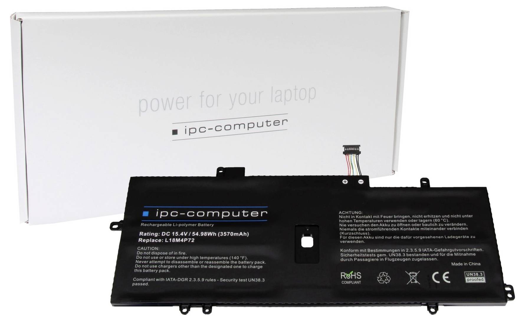 Baterie notebooku od 'ipc-computer' s obalem v pozadí. Specifikace baterie: 15,4V, 3497mAh, náhrada za L14M4P72.