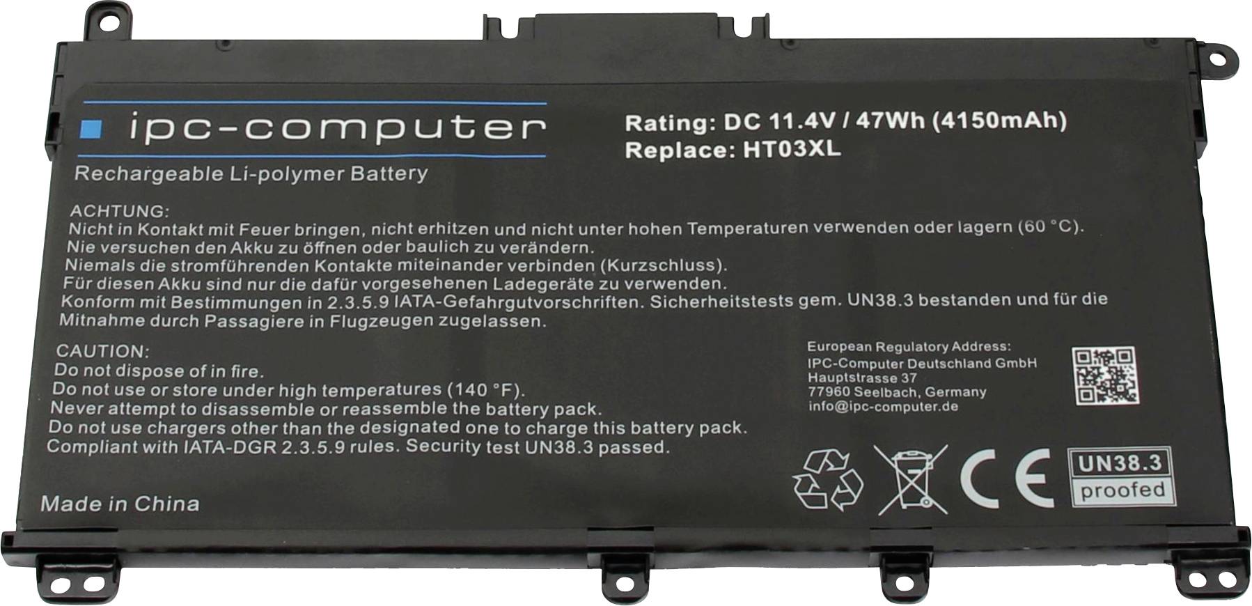 Černá Li-Polymerová baterie s potiskem: 'Hodnocení: DC 11,4V / 47Wh (4150mAh), Náhrada: HT03XL.' Bezpečnostní upozornění a údaje výrobce.
