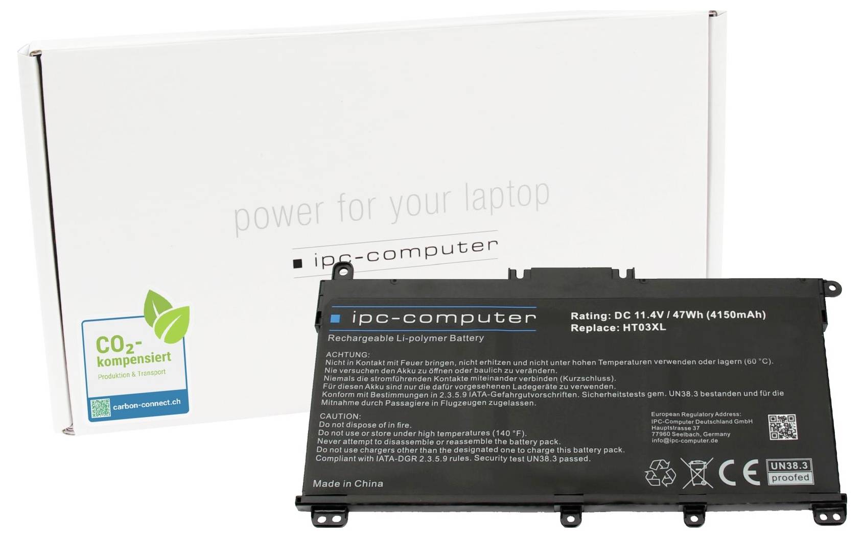 Náhradní baterie pro notebooky, lithium-polymerová, 11,4V, 41Wh, 4150mAh. Obsahuje pokyny pro kompenzaci CO2. Balení v pozadí.