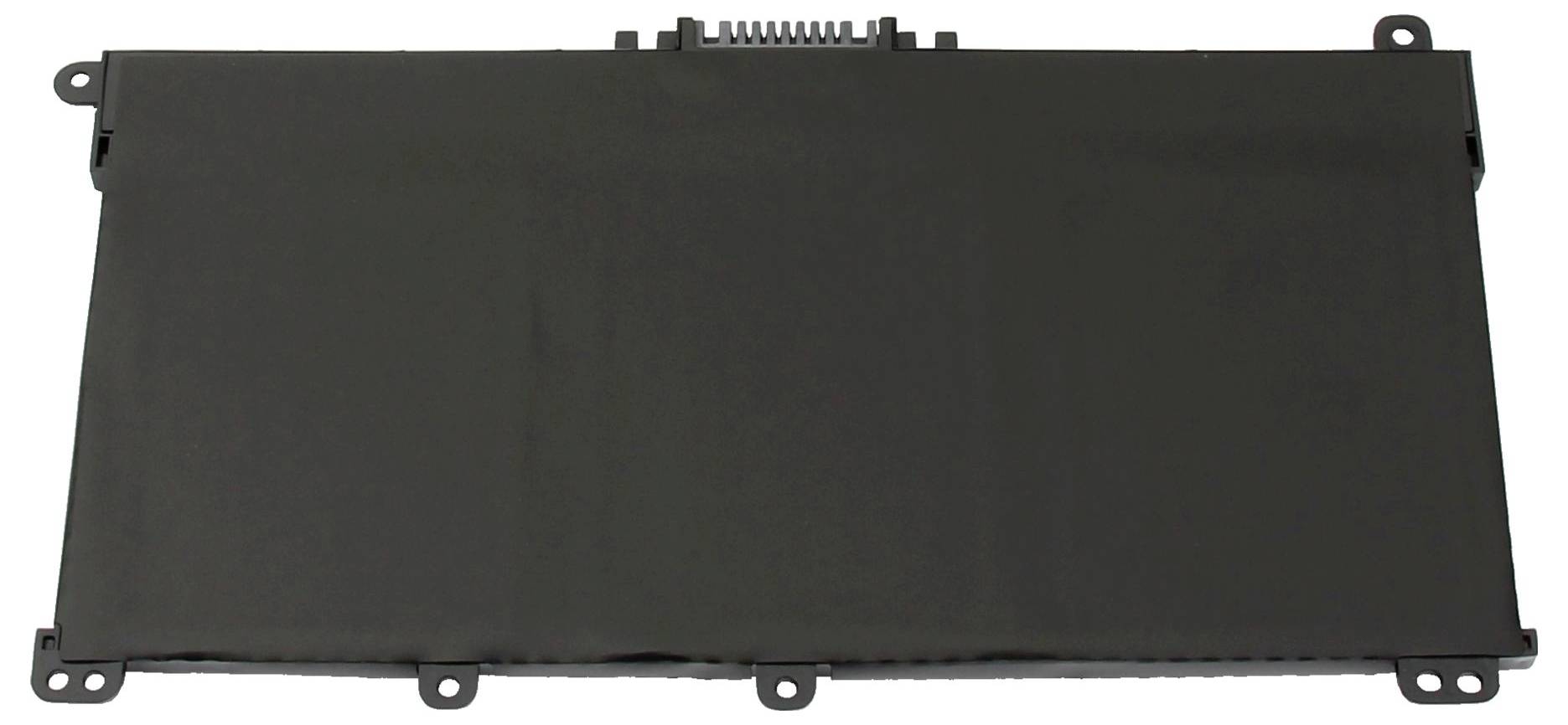 Černá obdélníková plochá baterie pro notebook s několika sloty a přípojnými místy na jedné straně.