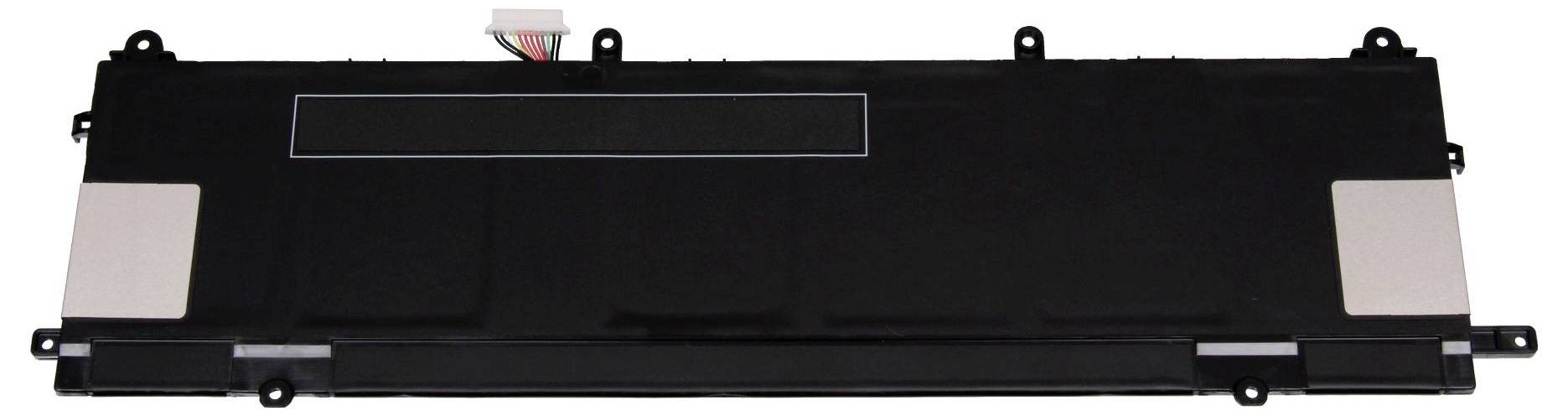 Černý laptop akumulátor s několika upevňovacími body a kabelem se zástrčkou v levém horním rohu. Vhodný pro specifické modely notebooků.