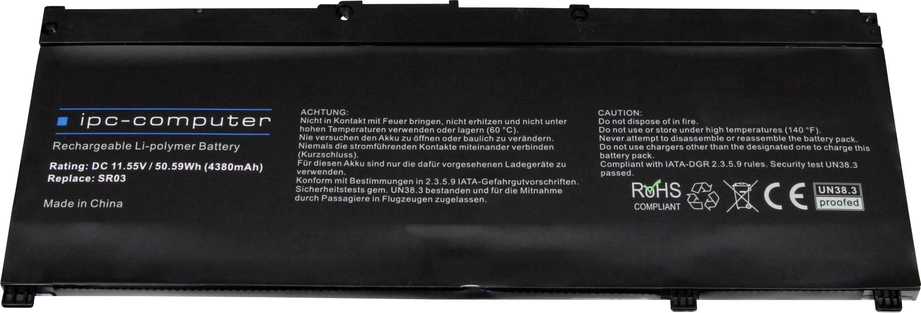 Černá baterie notebooku s nápisem 'ipc-computer', 'Dobíjecí Li-polymerová baterie', 11,55 V, 48 Wh. Vytištěny bezpečnostní upozornění a technické detaily.