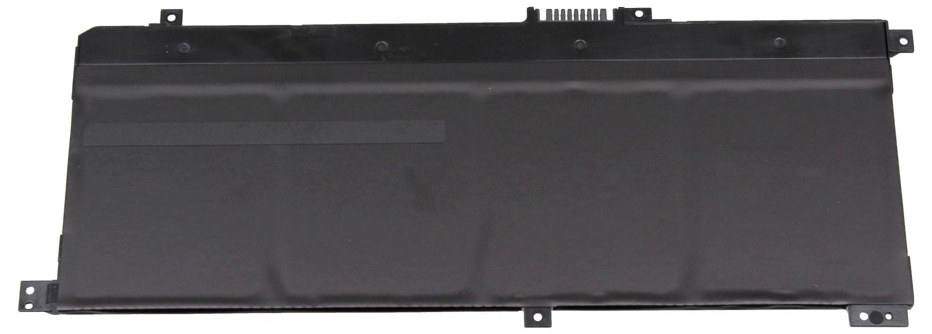 Obdélníková plochá baterie pro elektronické zařízení, pravděpodobně notebook. Černý kryt s upevňovacími body.