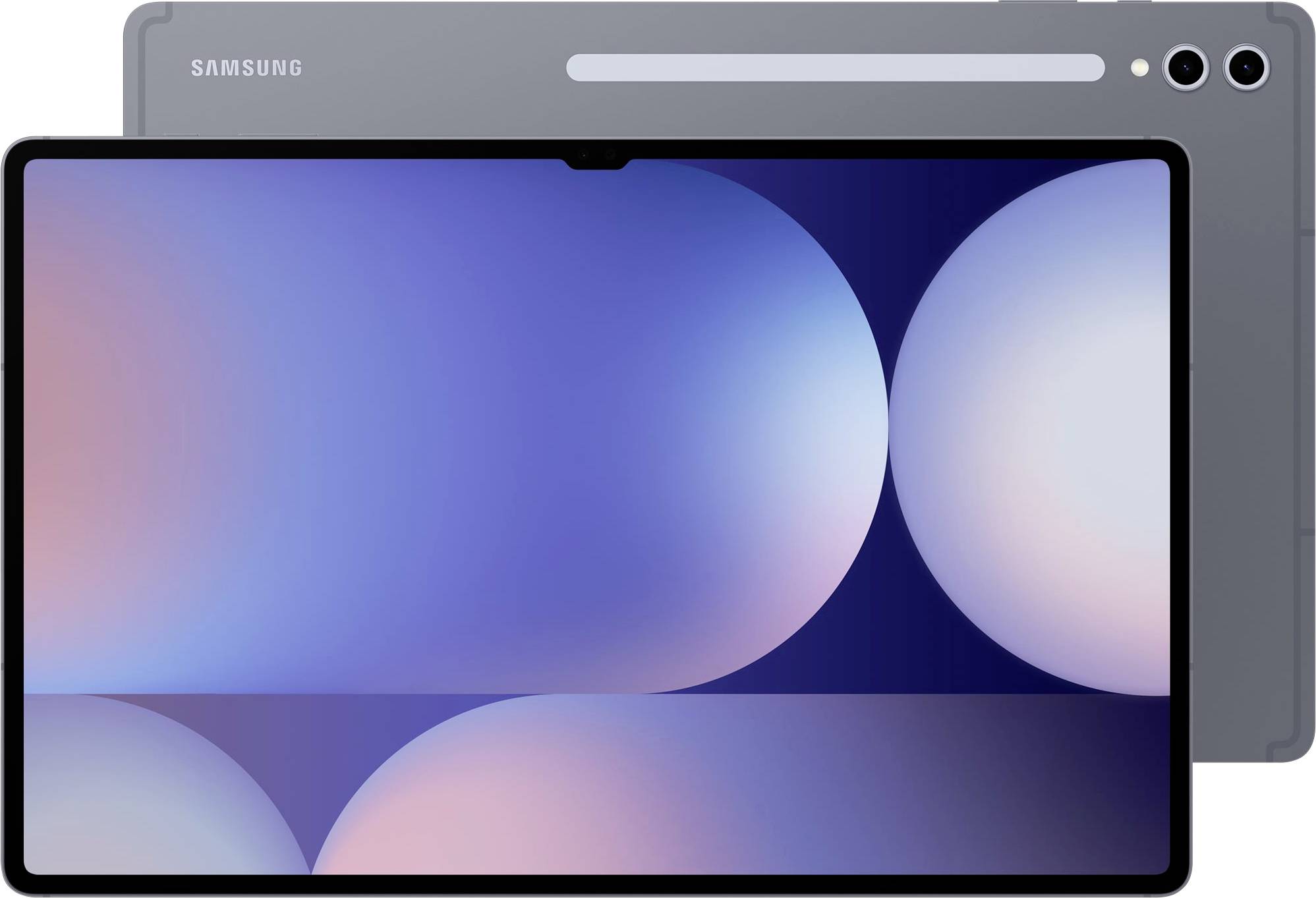 Šedý tablet Samsung s lesklým displejem, na němž jsou zobrazeny abstraktní modré a růžové koule před šedým pozadím.