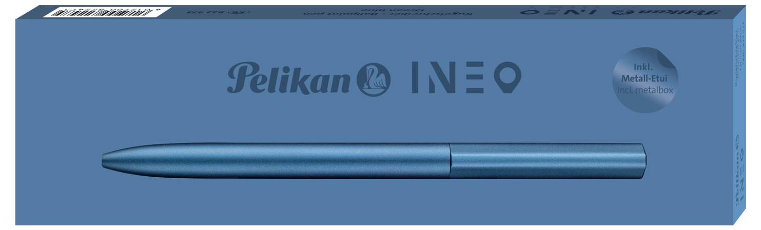 Modrý obal psacího nástroje 'Pelikan INEO' s kovovým tělem, zobrazený s grafikou pera na přední straně.
