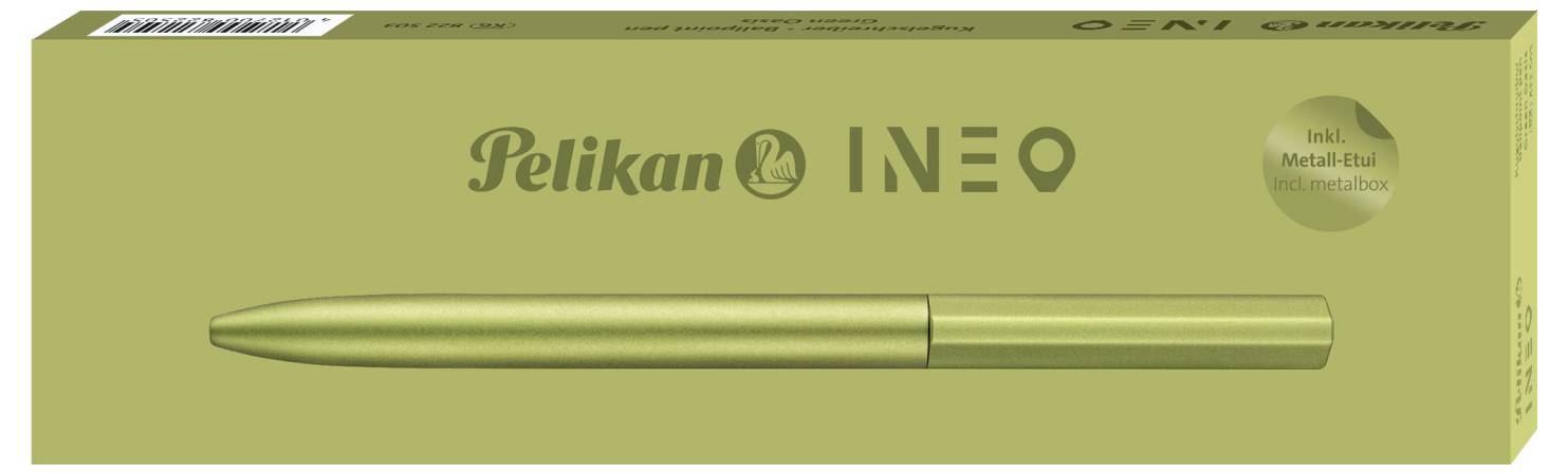 Zelený obal s zlatým kuličkovým perem s nápisem 'Pelikan INEO'. Obsahuje poznámku 'včetně kovové kuličky'.