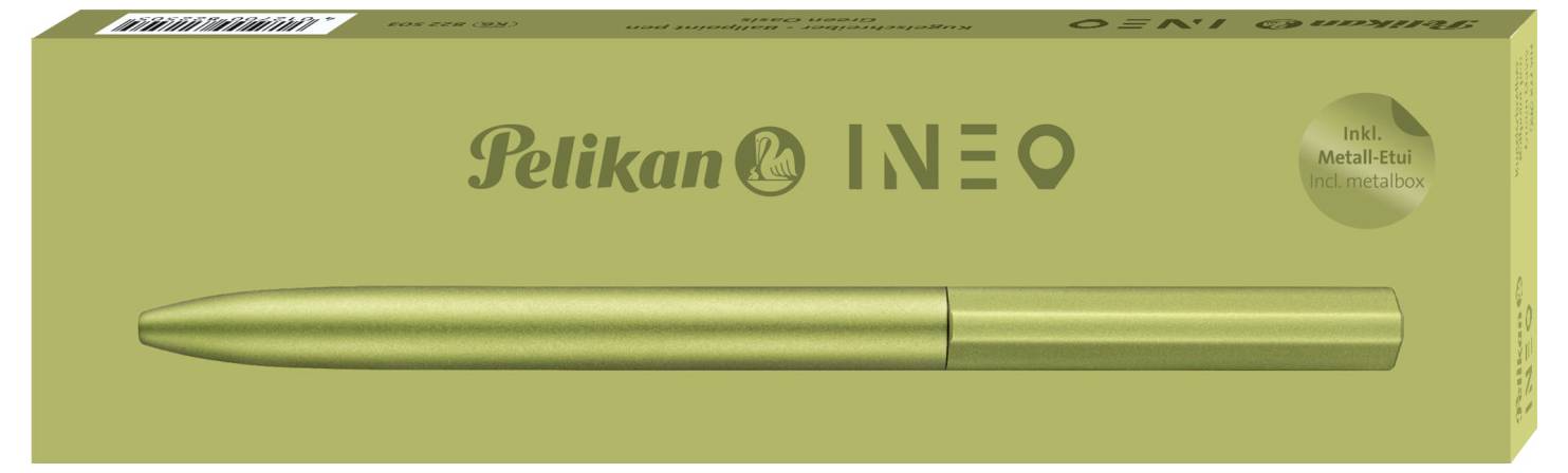 Pero 'Pelikan Ineo' v olivově zelené obálce se zobrazeným perem. Text 'včetně kovového pouzdra'.