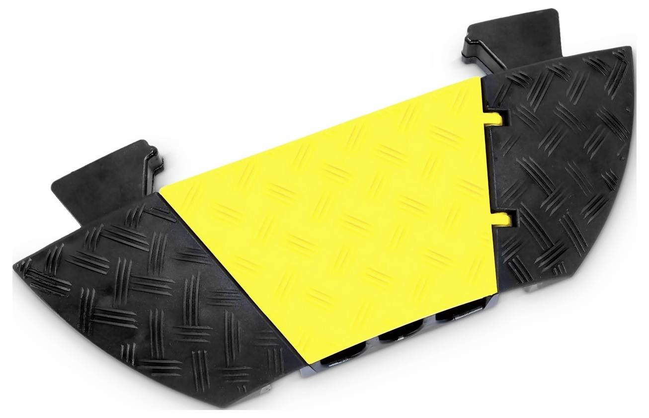 Žlutý a černý plastový kabelový kanál s protiskluzovým povrchem. Ideální pro bezpečné zakrytí kabelů na podlaze.