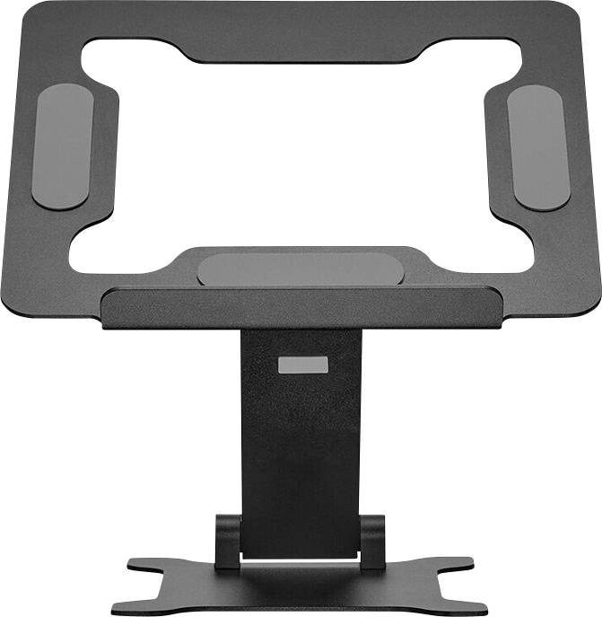 Stojan na notebook z černého kovu s nastavitelnou výškou a protiskluzovým povrchem, vhodný pro ergonomické pracoviště.