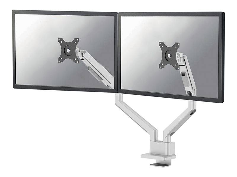 Dva monitory na duálním otočném rameni, upevněné na psacím stole, ukazují zadní stranu bez zobrazení obrazovek.