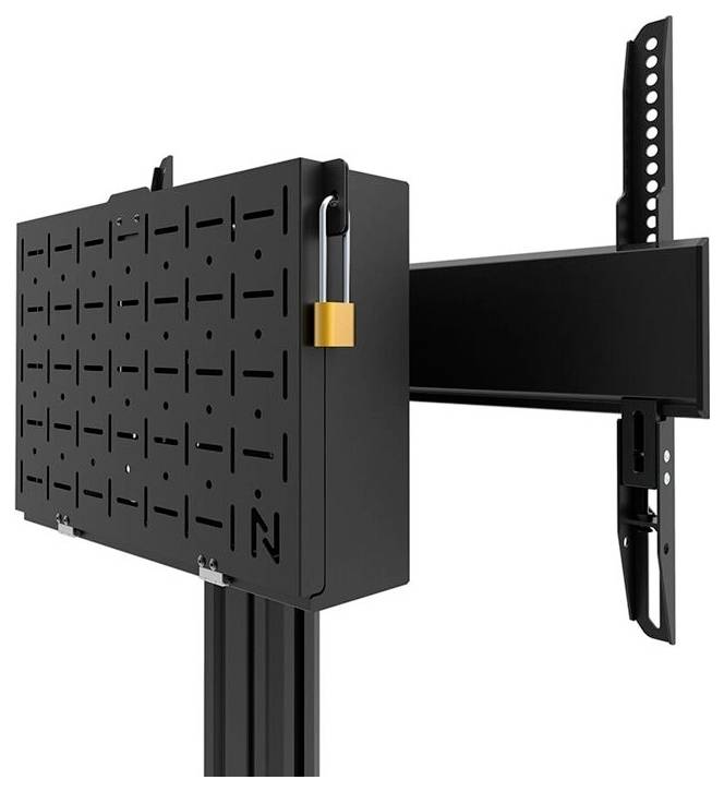 Černý nástěnný držák monitoru s flexibilním kloubem pro nastavení polohy obrazovky, připevněný na konzoli.