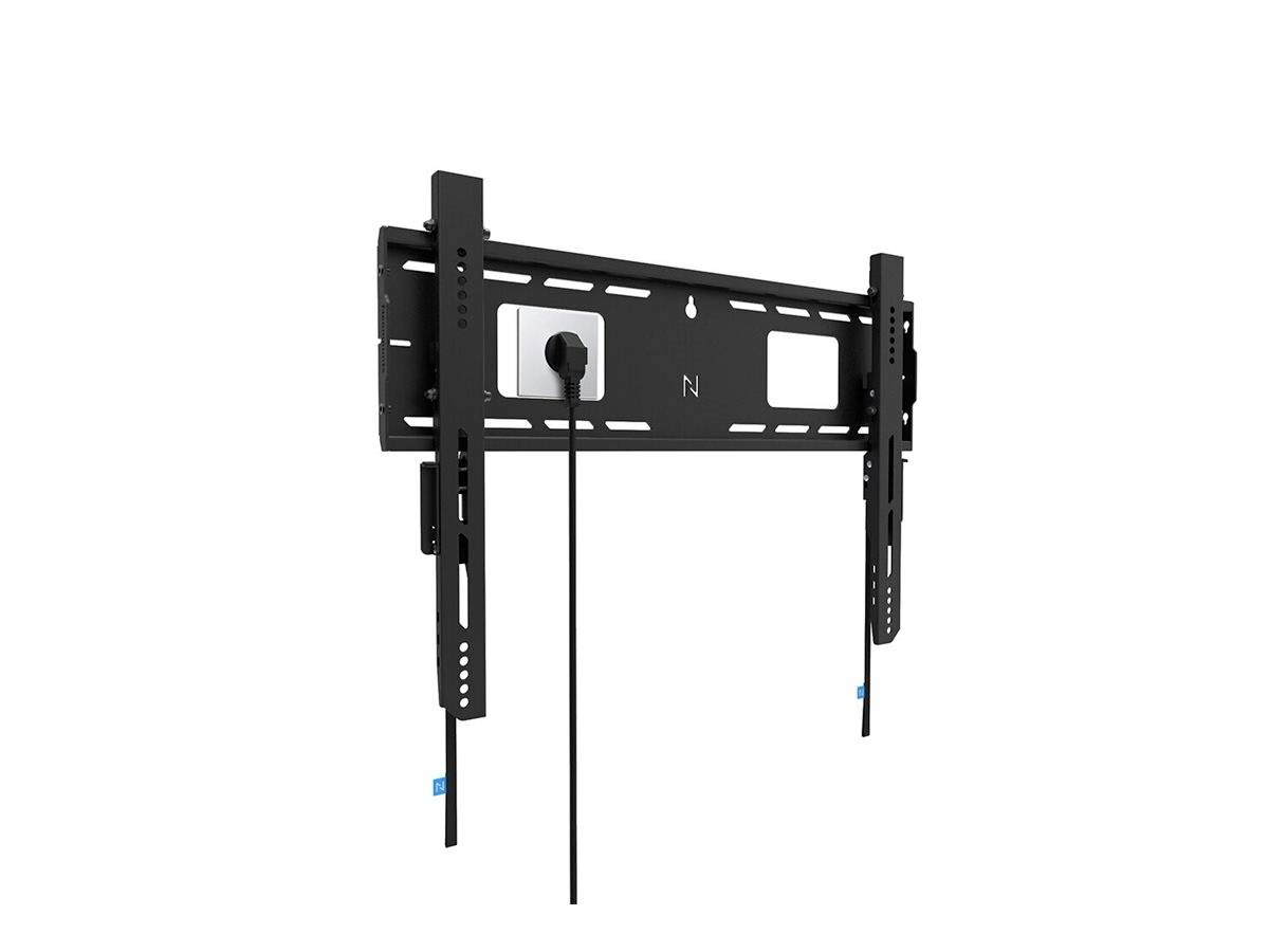 Černý nástěnný držák na TV s připevněným kabelem, vhodný pro bezpečné upevnění plochého televizoru.