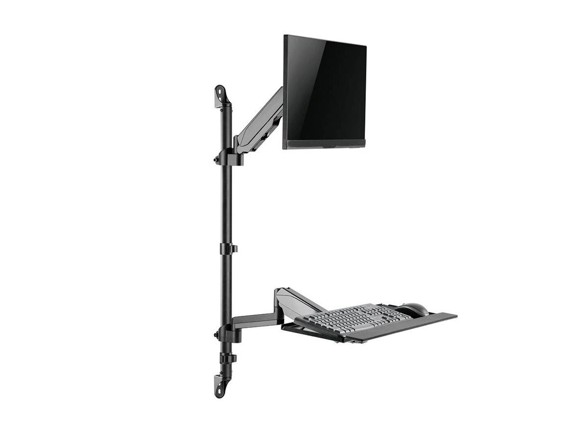 Nástěnný, nastavitelný systém pro uchycení monitoru a klávesnice, optimalizovaný pro ergonomickou práci.